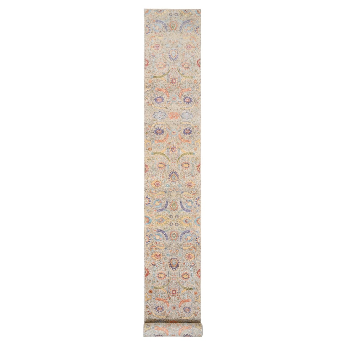 2'7"x22'2" Tan Hand Knotted Sickle Leaf Silk With Wool XL Runner Rug: 2'7"x22'2" Tan Hand Knotted Sickle Leaf Silk With Wool XL Runner Rug Tan Hand Knotted Sickle Leaf Silk With Wool XL Runner Rug boasts an impressive 22'2" length, making it a statement piece for any