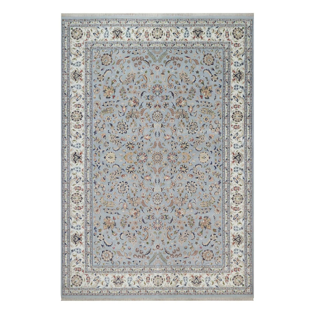 9'9"x14'4" Light Blue Hand Knotted Wool and Silk Nain Soft Oriental Rug: 9'9"x14'4" Light Blue Hand Knotted Wool and Silk Nain Soft Oriental Rug 9'9" x 14'4" Light Blue Hand Knotted Wool and Silk Nain Soft Oriental Rug boasts an all-over regional design in a soothing