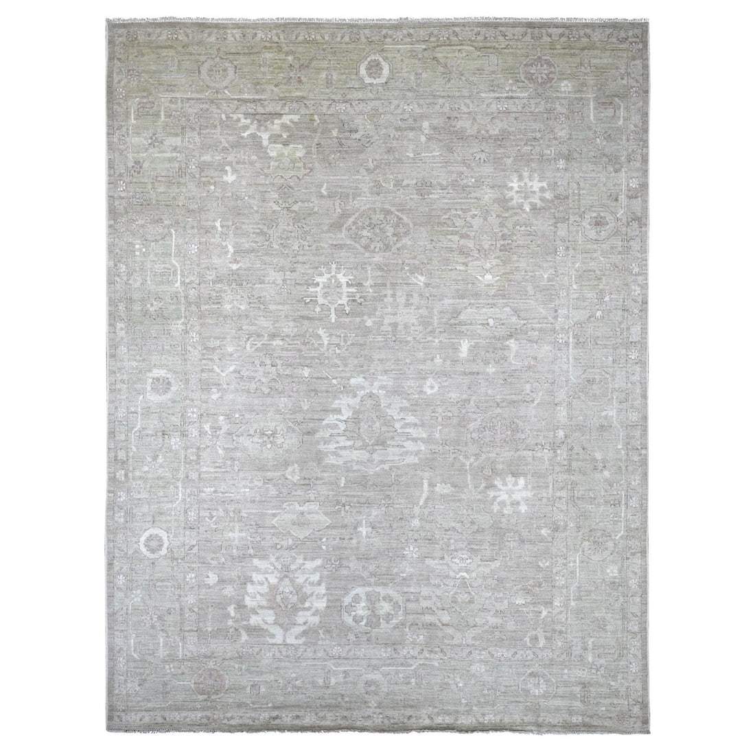 9'x11'8" Light Brown Angora Oushak Leaf Design Hand Knotted Pure Wool Rug: 9'x11'8" Light Brown Angora Oushak Leaf Design Hand Knotted Pure Wool Rug 9'0" x 11'8" Light Brown Angora Oushak Leaf Design Hand Knotted Pure Wool Rug, crafted with traditional hand-knotted