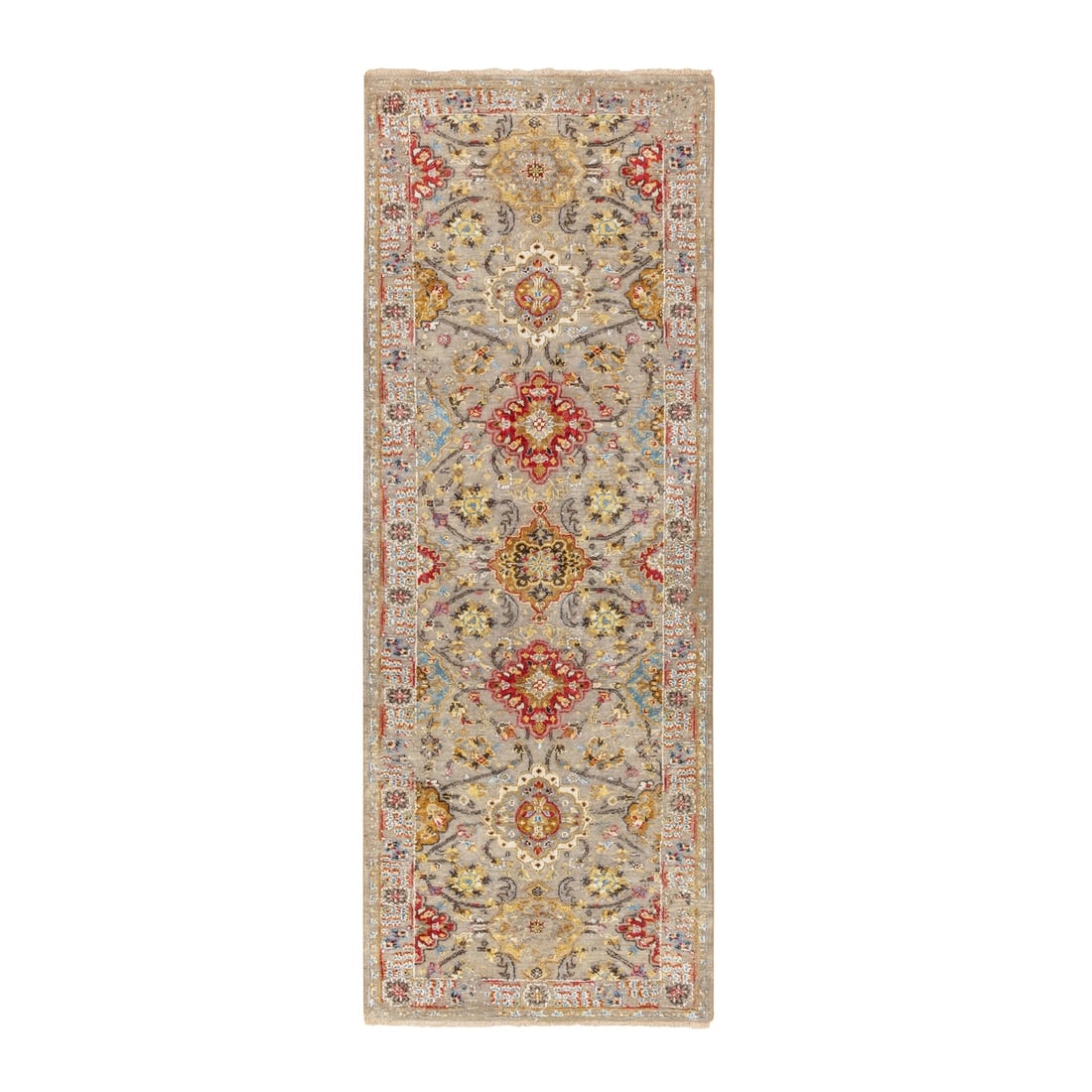 2'9"x7'10" THE SUNSET ROSETTES Wool And Pure Silk Runner Hand Knotted Rug: 2'9"x7'10" THE SUNSET ROSETTES Wool And Pure Silk Runner Hand Knotted Rug The Sunset Rosettes wool and pure silk runner hand-knotted rug boasts an elegant grey field with intricate, subtle patterns in