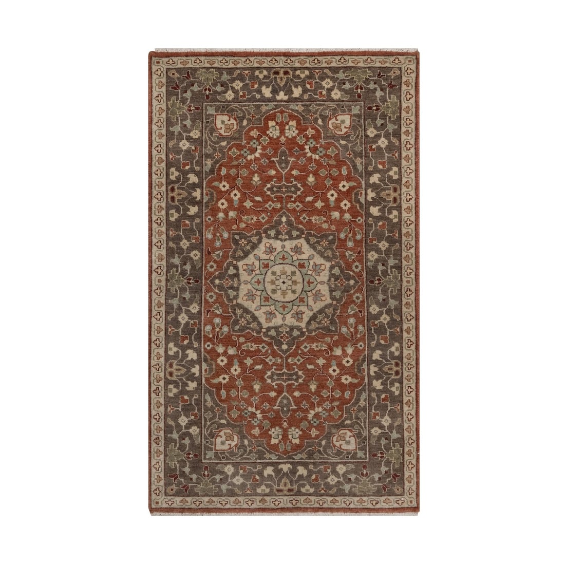3'x5'1" Rust Red Wool Rug Antiqued Tebraz Haji Jalili Design Hand Knotted: 3'x5'1" Rust Red Wool Rug Antiqued Tebraz Haji Jalili Design Hand Knotted The Rust Red Wool Rug boasts an elegant Tebraz design, showcasing intricate medallion patterns in rich red hues. Hand-knotted