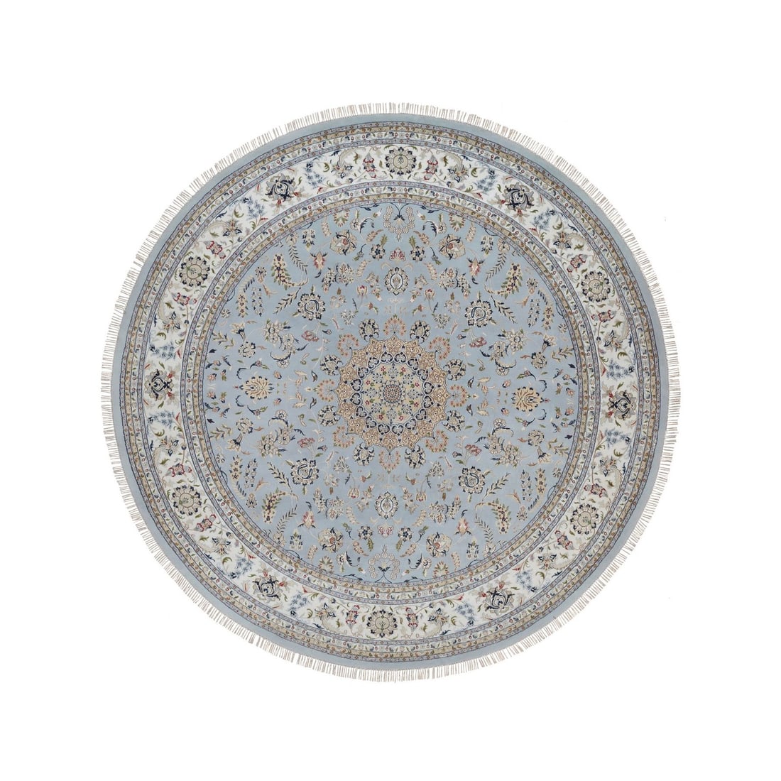 11'9"x11'9" Blue Nain Flower Design Wool and Silk Hand Knotted Round Rug: 11'9"x11'9" Blue Nain Flower Design Wool and Silk Hand Knotted Round Rug Hand-knotted in wool and silk, this stunning 11'9"x11'9" blue Nain flower design rug boasts a medallion regional pattern. Made