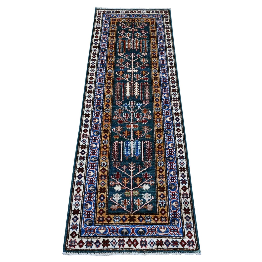2'x5'8" Green Hand Knotted Wool Oushak Willow And Cypress Tree Runner Rug: 2'x5'8" Green Hand Knotted Wool Oushak Willow And Cypress Tree Runner Rug Hand-knotted wool rug from Afghanistan, featuring an oriental design with a striking green field and blue border. This