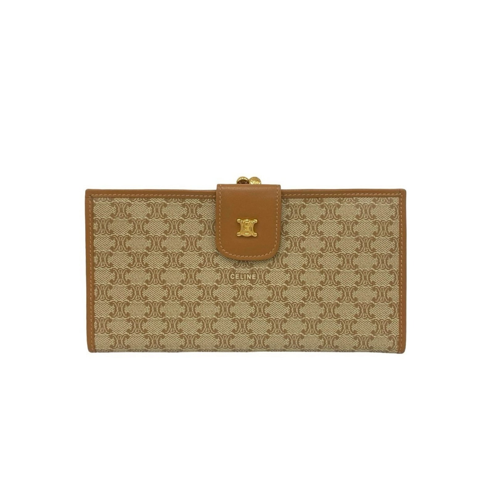 Leather Bi fold Celine Wallet: Leather Bi fold Celine Wallet Leather bi-fold Celine wallet in beige and brown, measuring 9.5cm x 18cm x 1cm, made from high-quality leather and PVC materials. This classic design features a simple