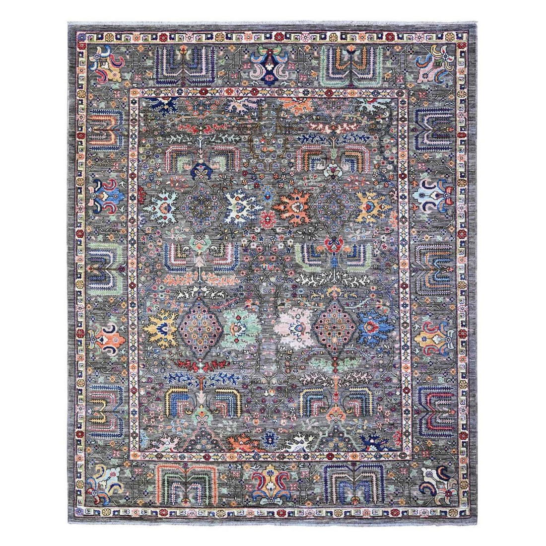 8'2"x10' Knoxville Gray Hand Knotted Wool Natural Dyes Oriental Rug: 8'2"x10' Knoxville Gray Hand Knotted Wool Natural Dyes Oriental Rug 8'2" x 10' Knoxville Gray Hand Knotted Wool Natural Dyes Oriental Rug boasts an impressive rectangular field with a flatweave constr