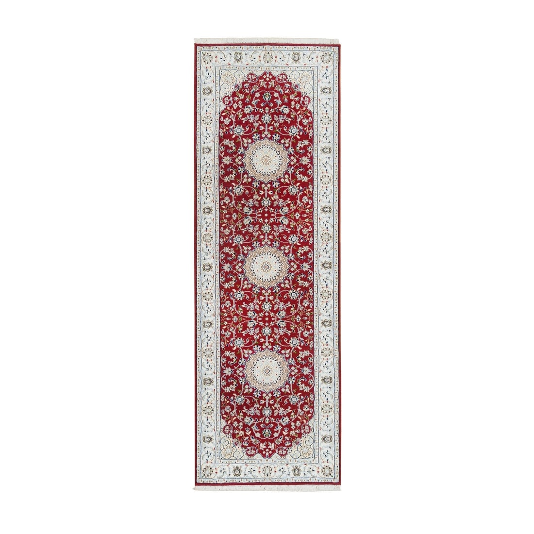2'7"x8' Burgundy Red Nain Design 250 KPSI Wool Runner Oriental Rug: 2'7"x8' Burgundy Red Nain Design 250 KPSI Wool Runner Oriental Rug Burgundy red hues and intricate Nain design patterns adorn this stunning 2'7"x8' wool runner rug, crafted with hand-knotted