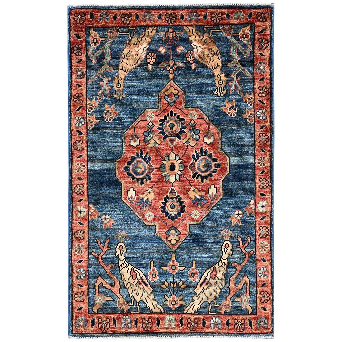 2'x3'2" Blue Tebraz with Peacocks Design Hand Knotted Wool Mat Oriental Rug (1 of 7)