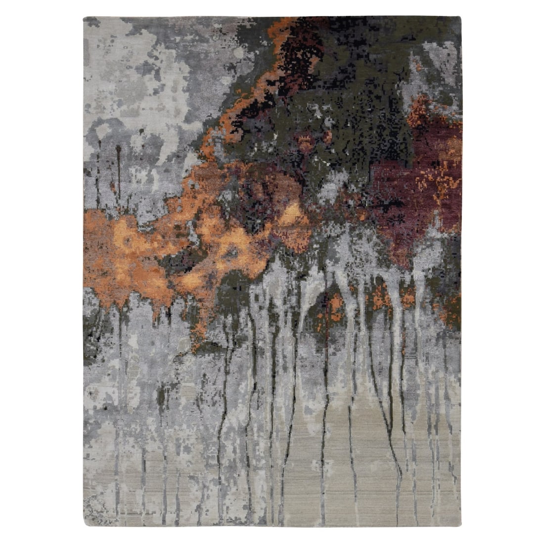 Silk Wool Gray Hand Knotted Dripping Abstract Rug 8'10"x12'3: Silk Wool Gray Hand Knotted Dripping Abstract Rug 8'10"x12'3 Silk Wool Gray Hand Knotted Dripping Abstract Rug - A stunning piece of artisanal craftsmanship, this hand-knotted rug boasts an intricate 