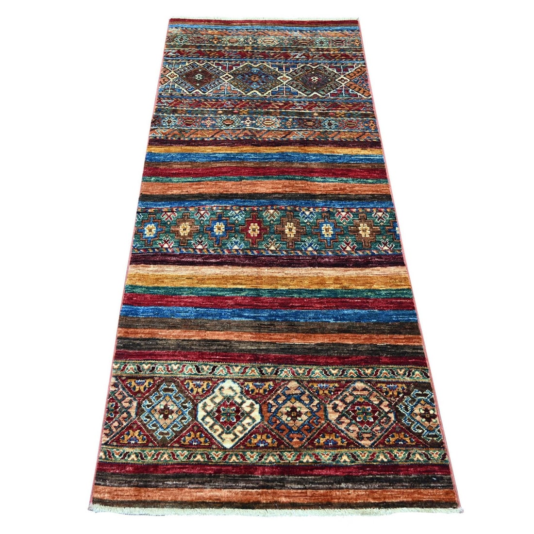 2'8"x6'2" Colorful Afghan Super Kazak Hand Knotted Pure Wool Runner Rug: 2'8"x6'2" Colorful Afghan Super Kazak Hand Knotted Pure Wool Runner Rug Colorful Kazak Hand Knotted Wool Runner Rug. This vibrant, all-over multi-colored rug features a unique regional design and