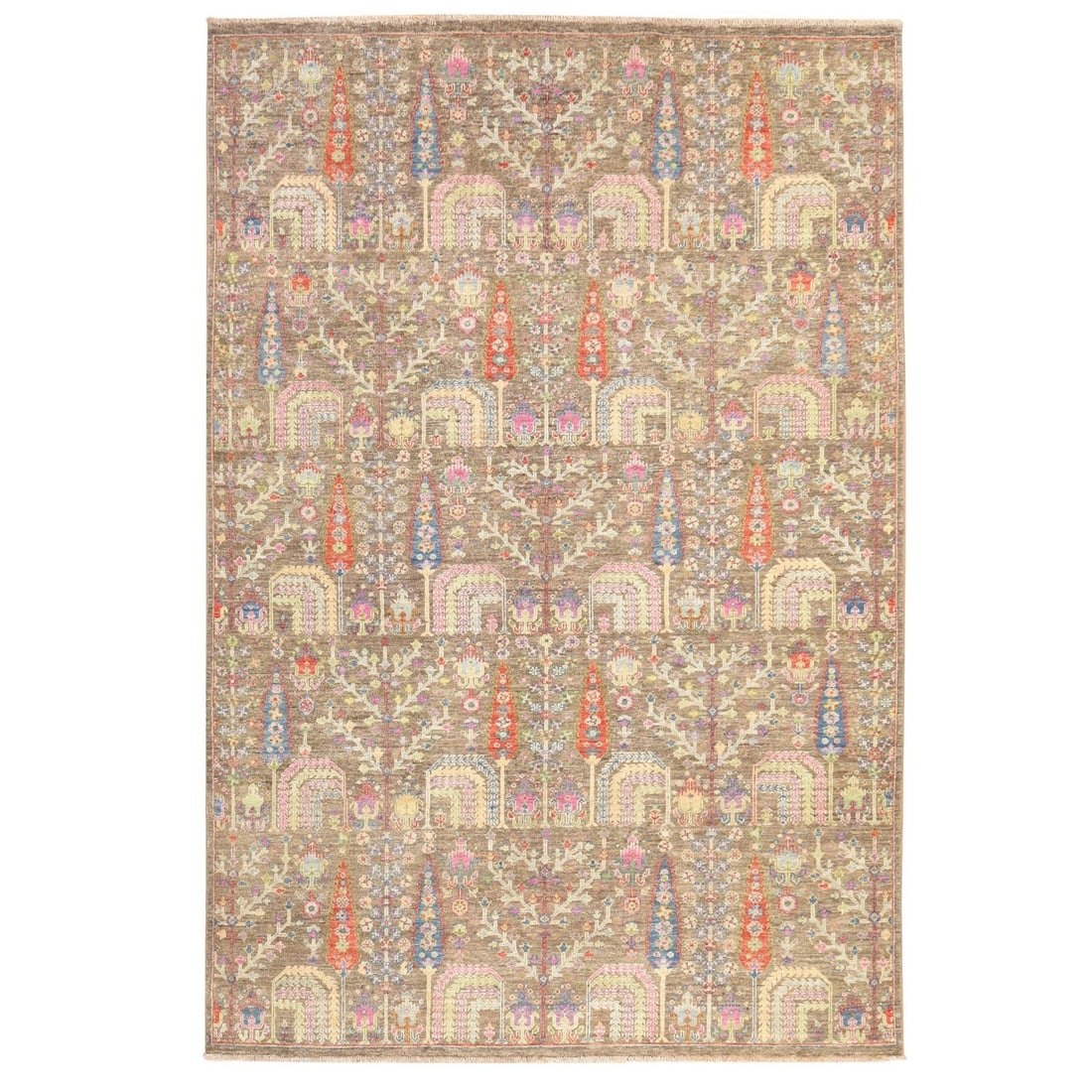 6'x8'10" Dune Brown Willow and Cypress Tree Design Hand Knotted Wool Rug: 6'x8'10" Dune Brown Willow and Cypress Tree Design Hand Knotted Wool Rug Dune Brown Willow and Cypress Tree Design Hand Knotted Wool Rug, measuring 6'0" x 8'10", boasts an all-over regional design in