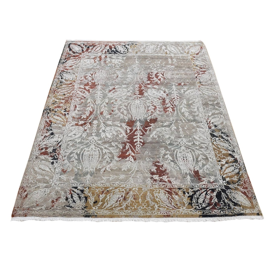 5'2"x7'1" Gray Broken Tulip Design Silk with Wool Hand Knotted Rug: 5'2"x7'1" Gray Broken Tulip Design Silk with Wool Hand Knotted Rug Hand-knotted in wool and silk, this stunning 5'2"x7'1" gray broken tulip design rug boasts a rich, intricate pattern that adds depth