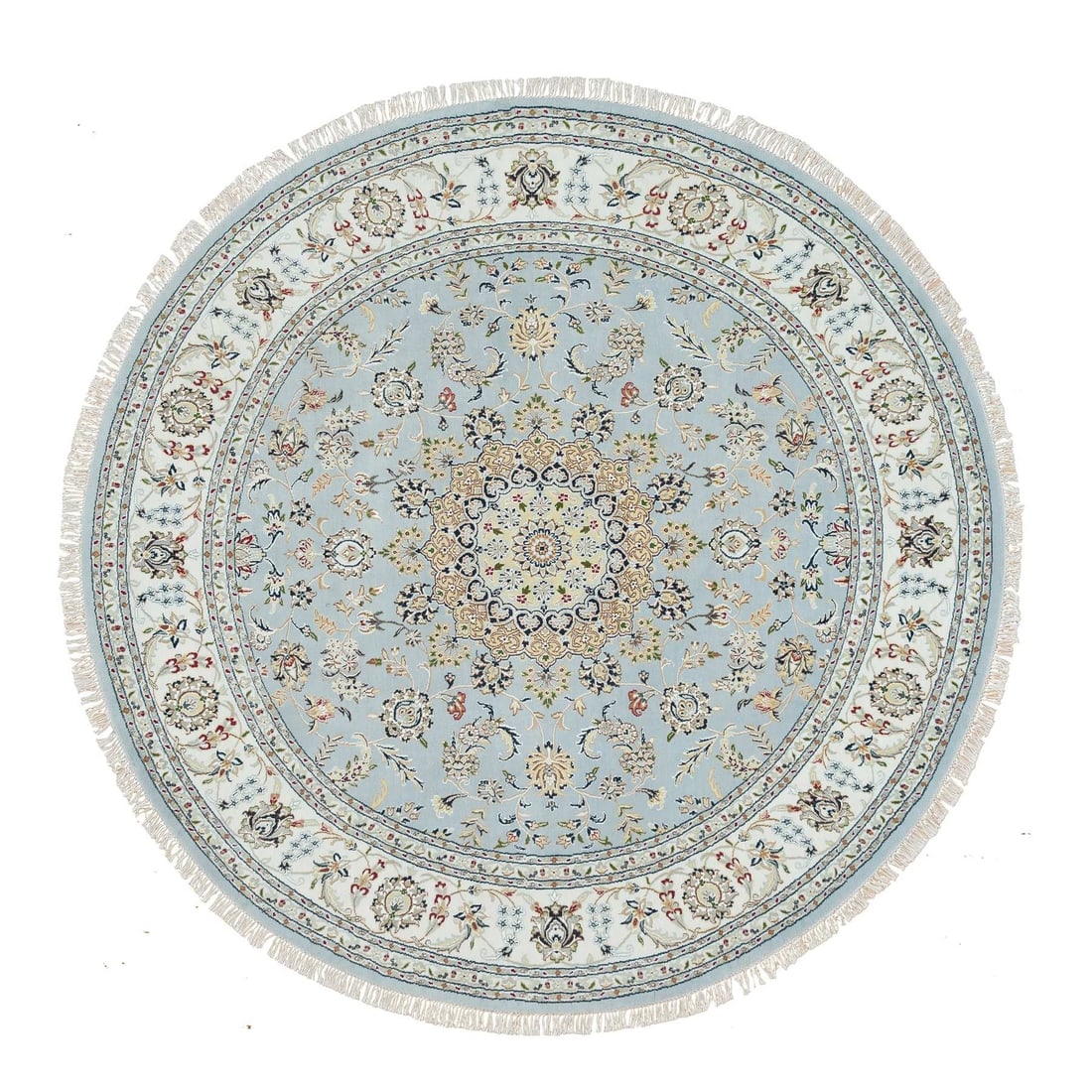 7'10"x7'10" Blue 250 KPSI Soft Wool Hand Knotted Nain Design Round Rug: 7'10"x7'10" Blue 250 KPSI Soft Wool Hand Knotted Nain Design Round Rug Softly glowing blue, this 7'10"x7'10" hand knotted Nain design round rug boasts intricate details and a rich texture. Made from 1
