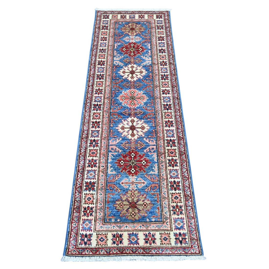 Blue Afghan Super Kazak Hand Knotted Pure Wool Narrow Runner Rug: Blue Afghan Super Kazak Hand Knotted Pure Wool Narrow Runner Rug Blue Afghan Super Kazak Hand Knotted Pure Wool Narrow Runner Rug features an all-over regional design in blue, red, peach, gray, and
