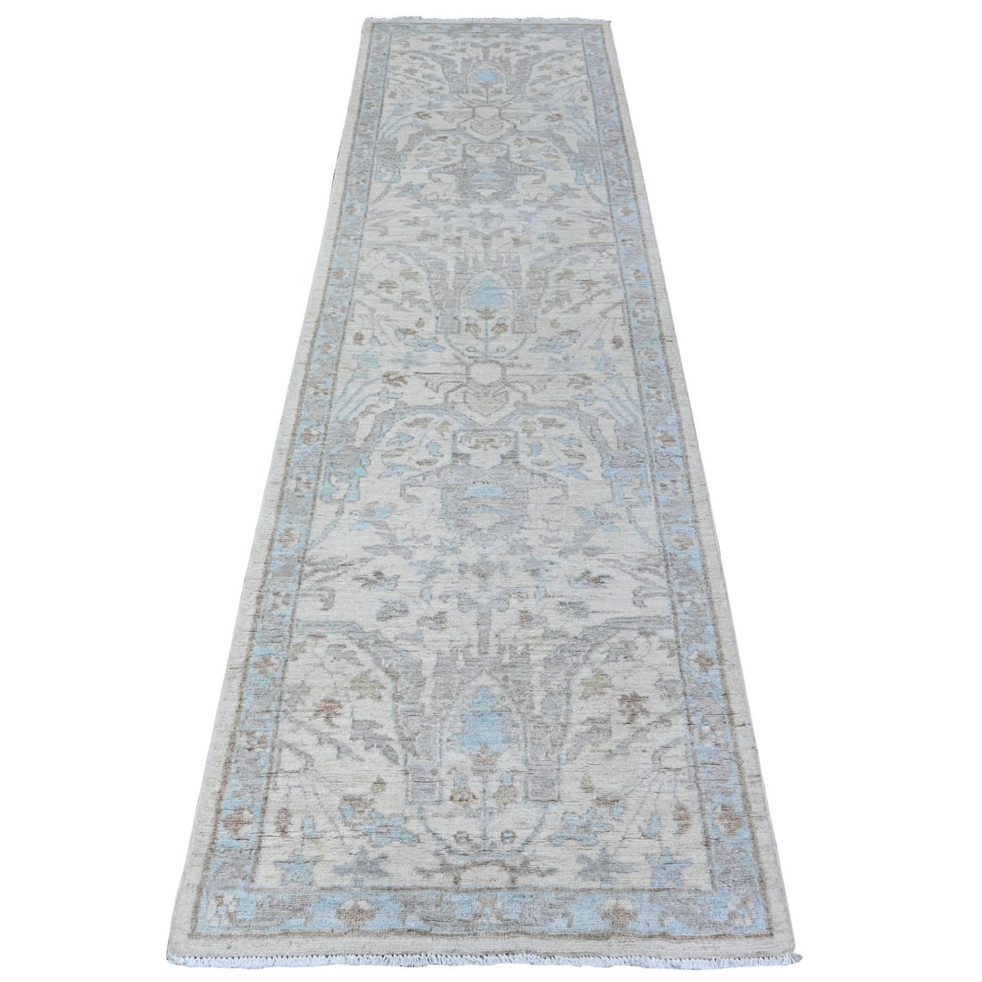 2'8"x9'6" White Stone Wash Peshawar Hand Knotted Organic Wool Runner Rug: 2'8"x9'6" White Stone Wash Peshawar Hand Knotted Organic Wool Runner Rug This stunning White Stone Wash Peshawar Hand Knotted Organic Wool Runner Rug boasts an elegant ivory color and intricate