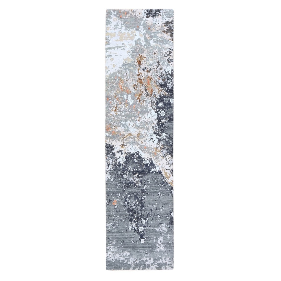 2'6"x10' Gray Modern Abstract Design Wool and Silk Hand Knotted Runner Rug: 2'6"x10' Gray Modern Abstract Design Wool and Silk Hand Knotted Runner Rug Modern abstract design wool and silk hand knotted runner rug in a stunning grey color, measuring 2'6" x 10'. This unique piec