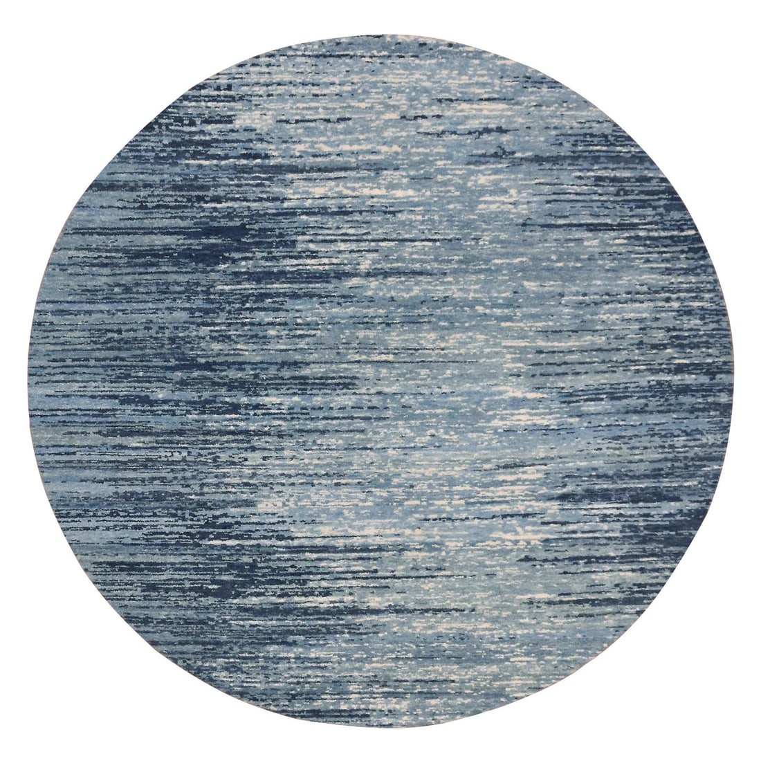 8'x8' Blue with Ivory Hand Knotted Horizontal Ombre Design Wool Round Rug: 8'x8' Blue with Ivory Hand Knotted Horizontal Ombre Design Wool Round Rug Blue with Ivory Hand Knotted Horizontal Ombre Design Wool Round Rug, measuring 96" in length and width. This unique piece feat