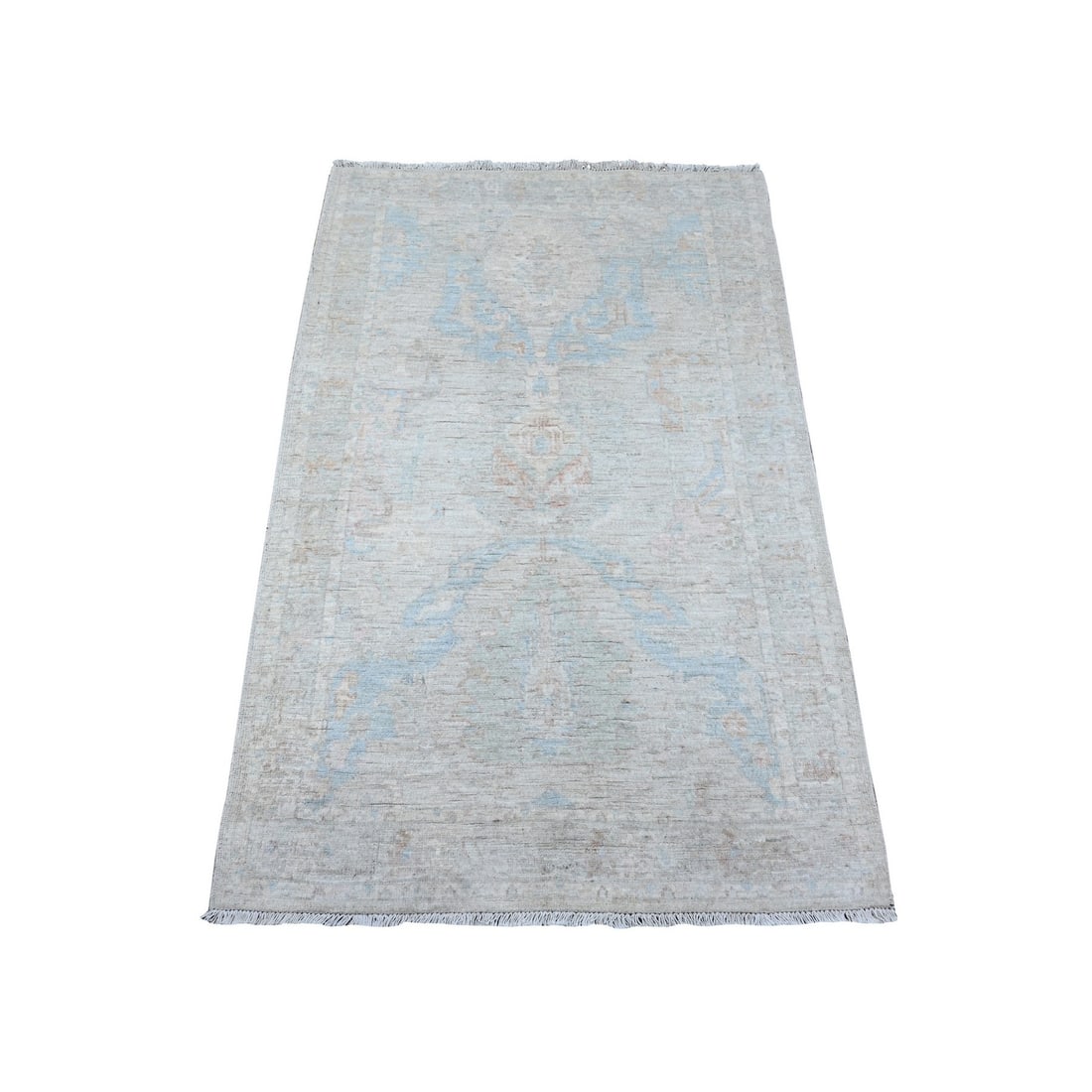 3'1"x5' Gray Washed Out Zoroastrian Design Hand Knotted Wool Oriental Rug: 3'1"x5' Gray Washed Out Zoroastrian Design Hand Knotted Wool Oriental Rug Gray Washed Out Zoroastrian Design Hand Knotted Wool Oriental Rug boasts a unique, rectangular field with intricate patterns i