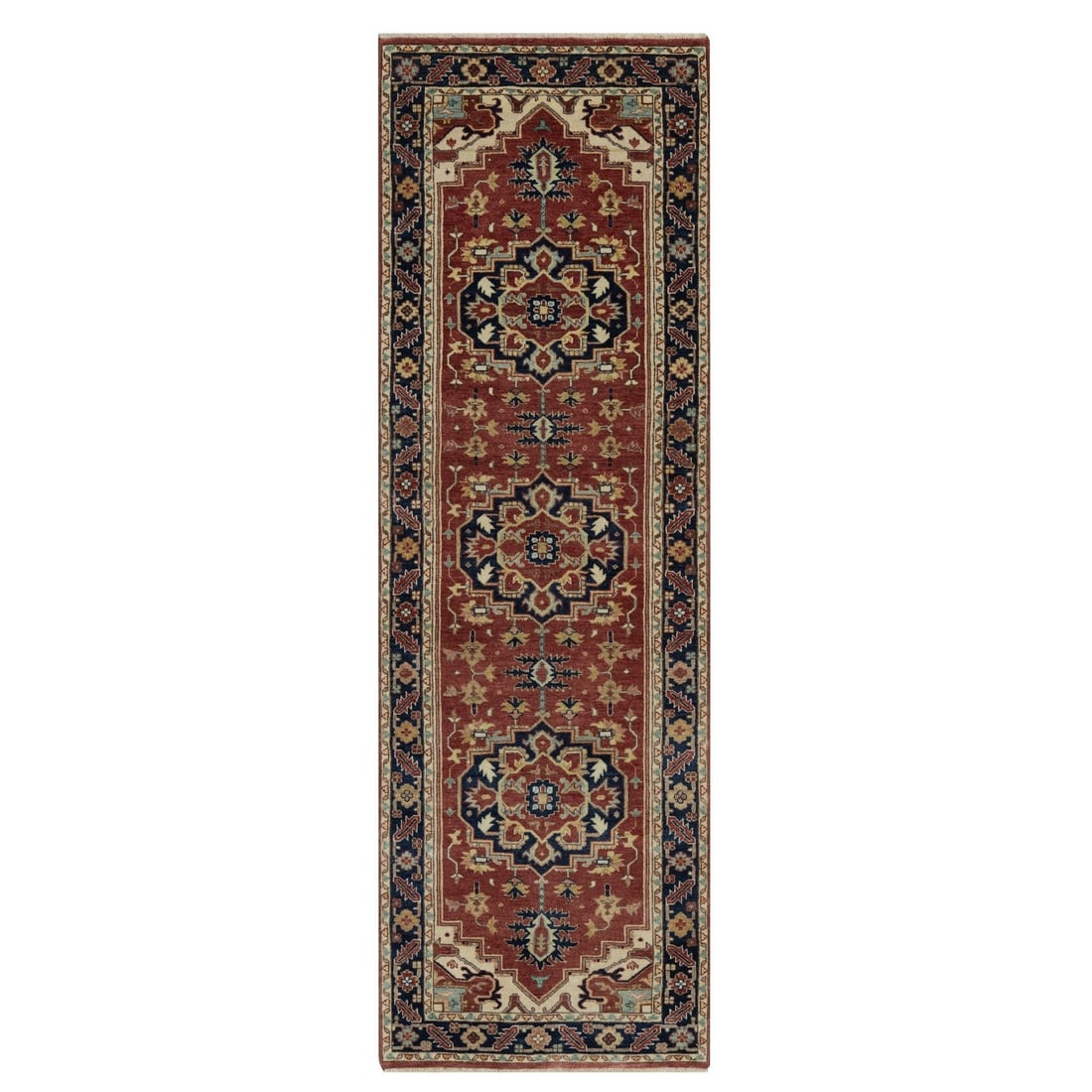 2'7"x8'2" Red Antiqued Fine Heris Re-Creation Rug Hand Knotted Wool Runner: 2'7"x8'2" Red Antiqued Fine Heris Re-Creation Rug Hand Knotted Wool Runner Hand-knotted wool runner in a stunning medallion pattern, measuring 2'7" x 8'2". This beautiful red antiqued fine Heris re-cr