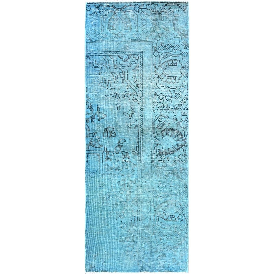 2'3"x6'2" Blue Overdyed Vintage Zoroastrian Hand Knotted Wool Runner Rug: 2'3"x6'2" Blue Overdyed Vintage Zoroastrian Hand Knotted Wool Runner Rug This stunning blue overdyed vintage Zoroastrian hand knotted wool runner rug boasts an intricate oriental design, characteristi
