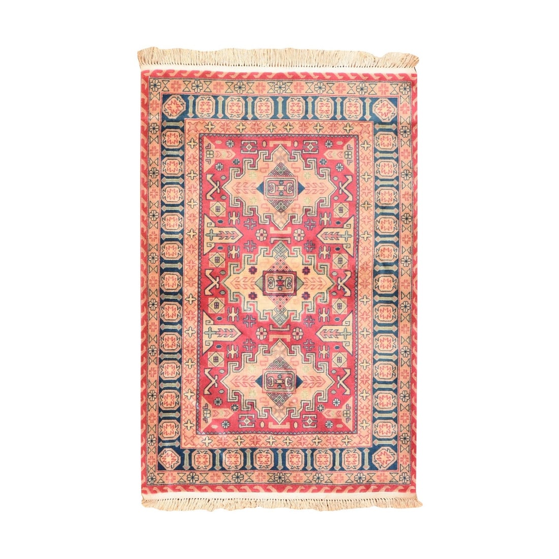 3'10"x6' Pink Vintage Turkish Village Rug Excellent Condition Hand Knotted: 3'10"x6' Pink Vintage Turkish Village Rug Excellent Condition Hand Knotted The Kazak-style Turkish Village Rug boasts a vibrant pink field with geometric patterns, adding a pop of color to any room. H