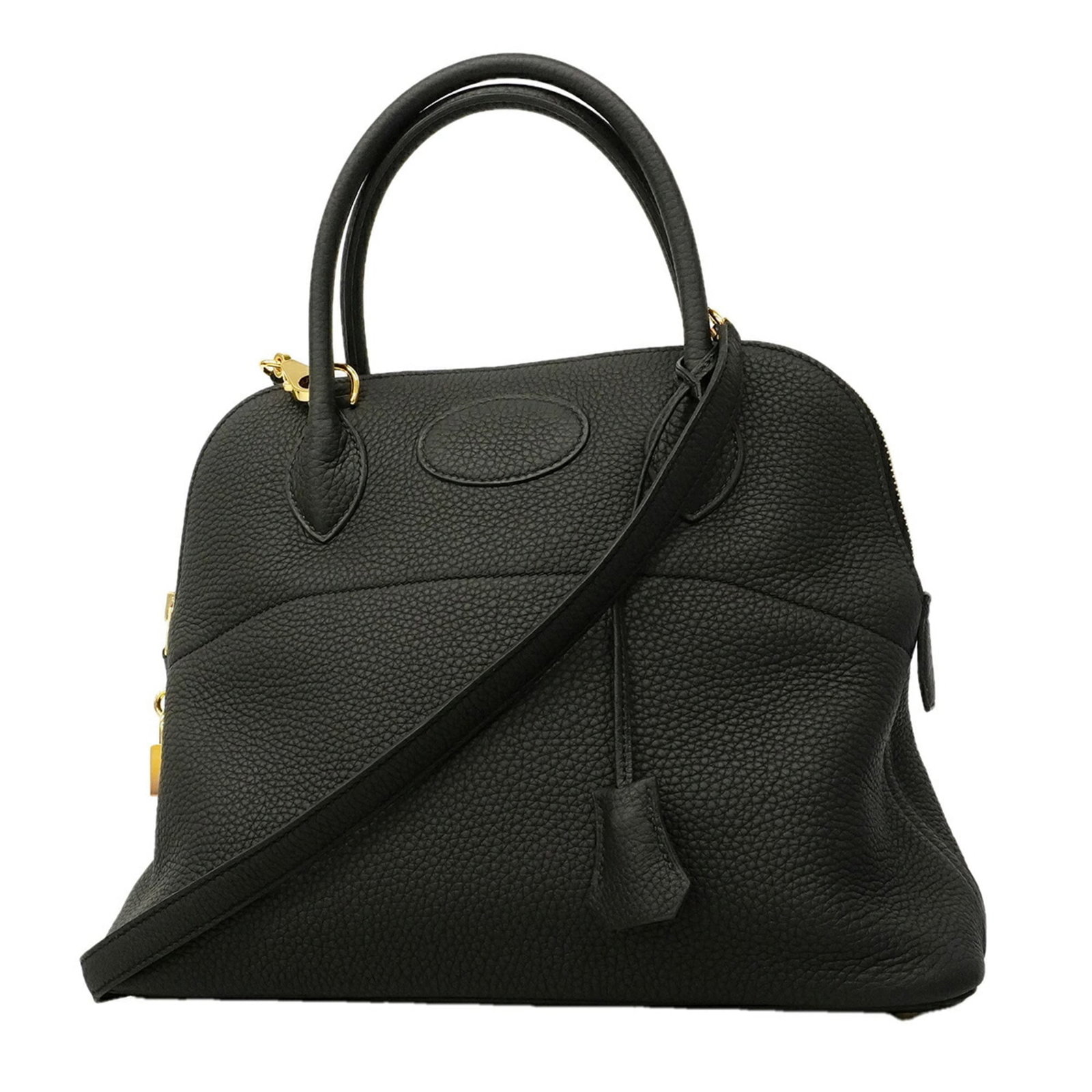 Handbag Taurillon Leather Clemence by Hermes: Handbag Taurillon Leather Clemence by Hermes Taurillon clemence leather provides a rich, velvety texture to this sleek and sophisticated black handbag. Measuring 24cm x 31cm x 12cm, it features gold