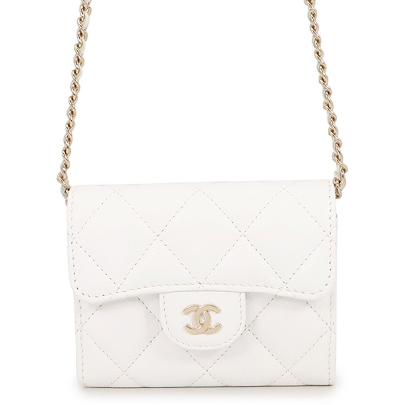 Chanel Chain/ Shoulder Wallet Grained Calfskin: Chanel Chain/ Shoulder Wallet Grained Calfskin Champagne gold and white tones perfectly complement the luxurious grain of the calfskin, creating a sophisticated and elegant design. This Chanel