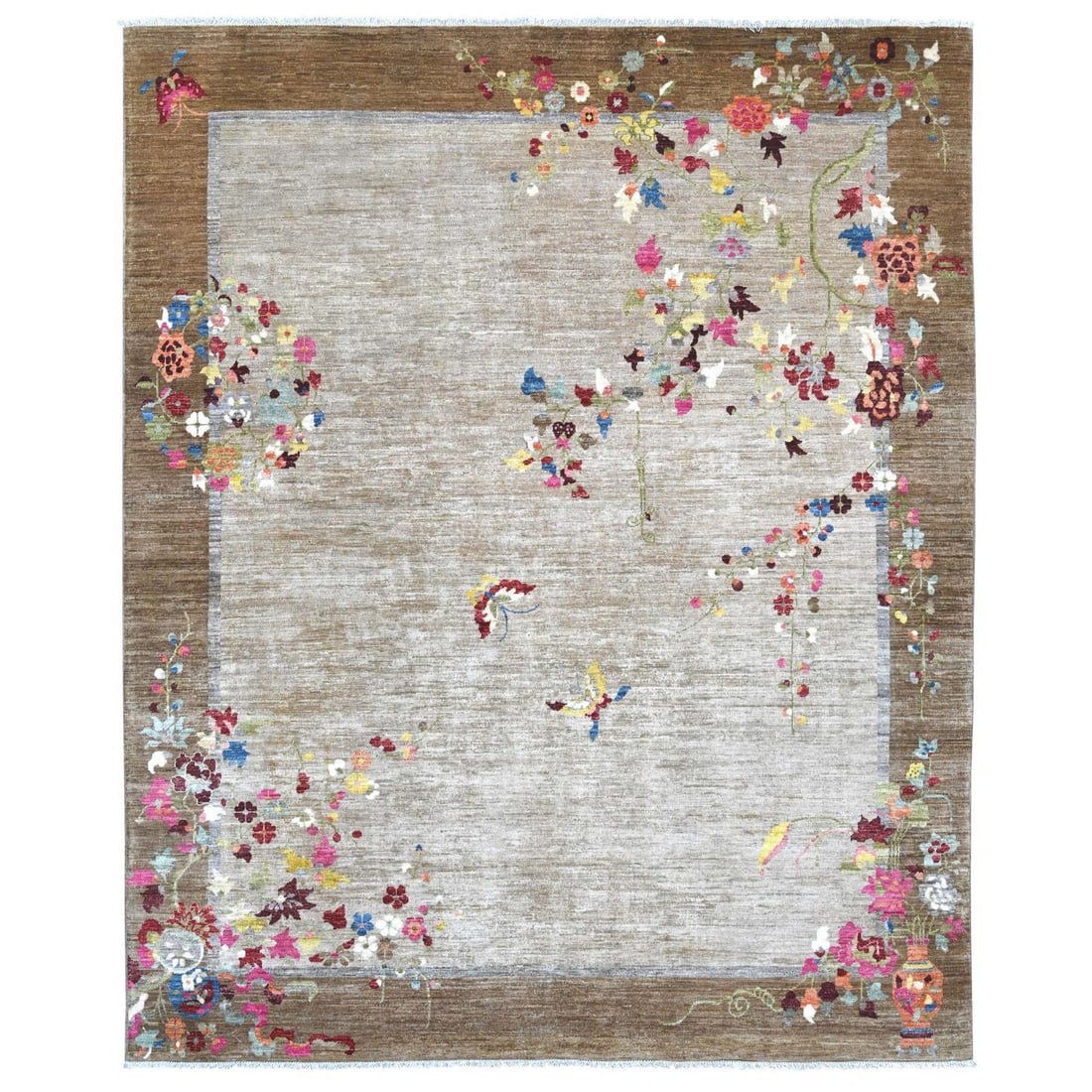 8'2"x9'10" Brown Chinese Art Deco Inspired Peshawar Hand Knotted Wool Rug: 8'2"x9'10" Brown Chinese Art Deco Inspired Peshawar Hand Knotted Wool Rug 8'2"x9'10" Brown Chinese Art Deco Inspired Peshawar Hand Knotted Wool Rug features a stunning floral pattern in shades of