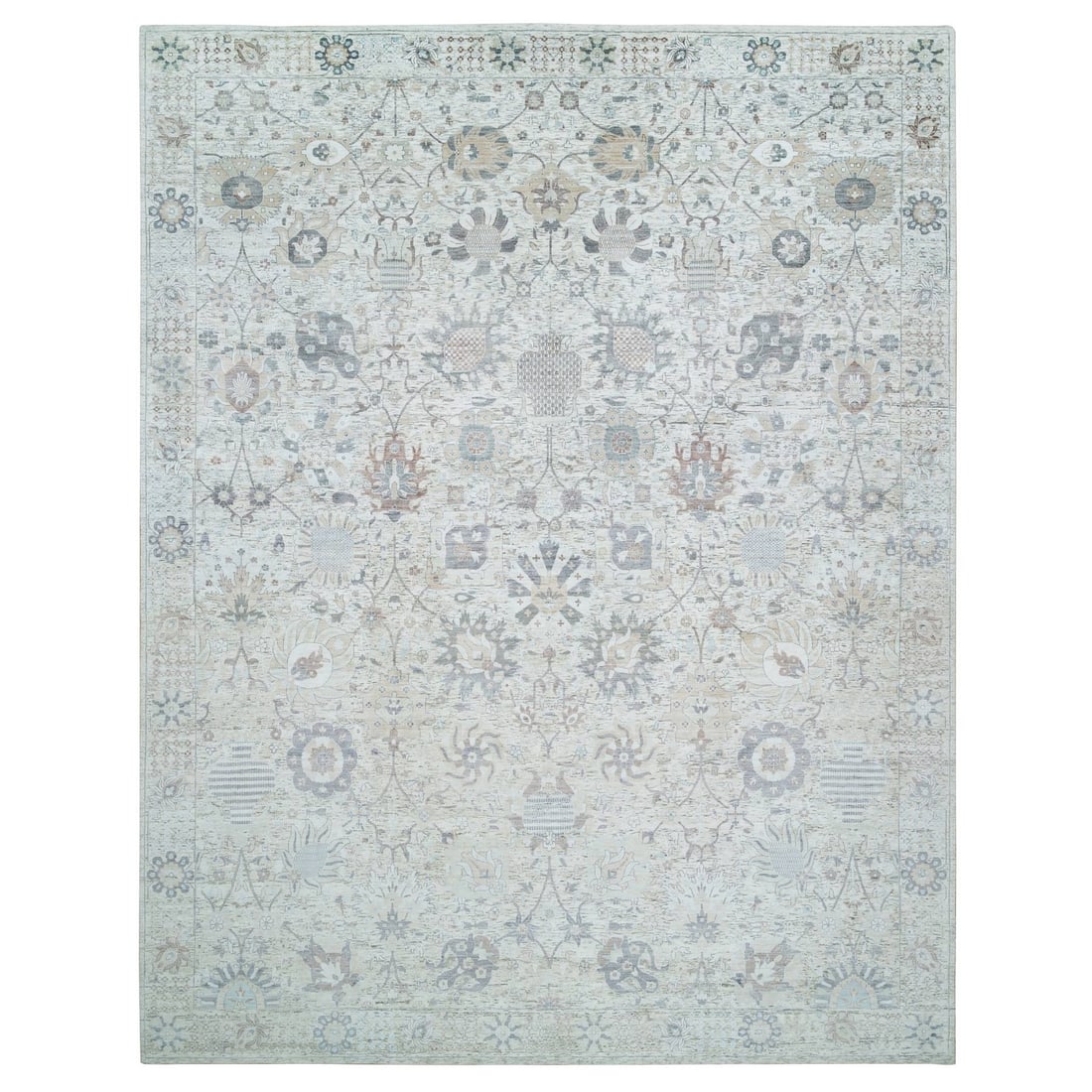 12'x15'5" Ivory Silk With Wool Hand Knotted Tebraz Vase Design Rug: 12'x15'5" Ivory Silk With Wool Hand Knotted Tebraz Vase Design Rug This stunning 12'x15'5" Ivory Silk With Wool Hand Knotted Tebraz Vase Design Rug boasts an impressive size and intricate design, feat