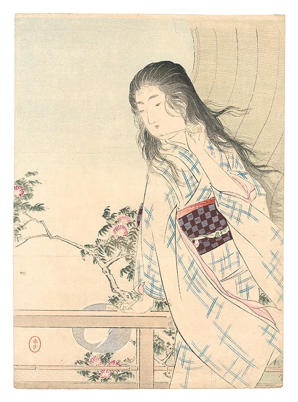 Original Japanese Woodblock Print 1906 Mizuno Toshikata Kuchi e Iyo Sudare: Original Japanese Woodblock Print 1906 Mizuno Toshikata Kuchi e Iyo Sudare Item Specifics: Artist: Mizuno Toshikata Subject: Bijin-ga / Literary Frontispiece Material: Washi Paper Style: Japanese Size