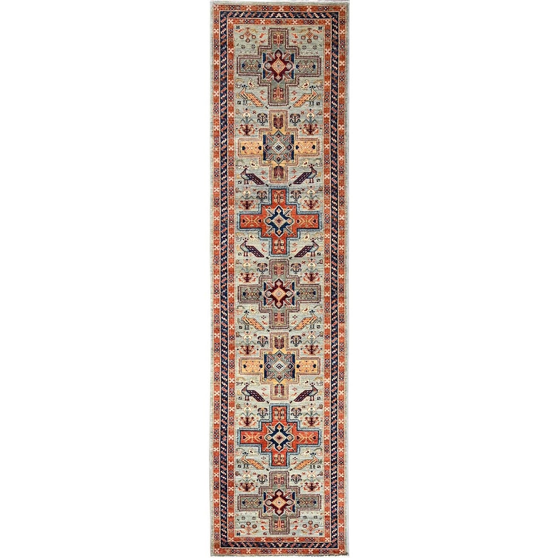 2'8"x11'3" Gray Caucasian Design Super Fine Wool Hand Knotted Runner Rug: 2'8"x11'3" Gray Caucasian Design Super Fine Wool Hand Knotted Runner Rug The Afghan Caucasian design rug boasts an elegant gray color and intricate geometric pattern, expertly woven in super fine wool