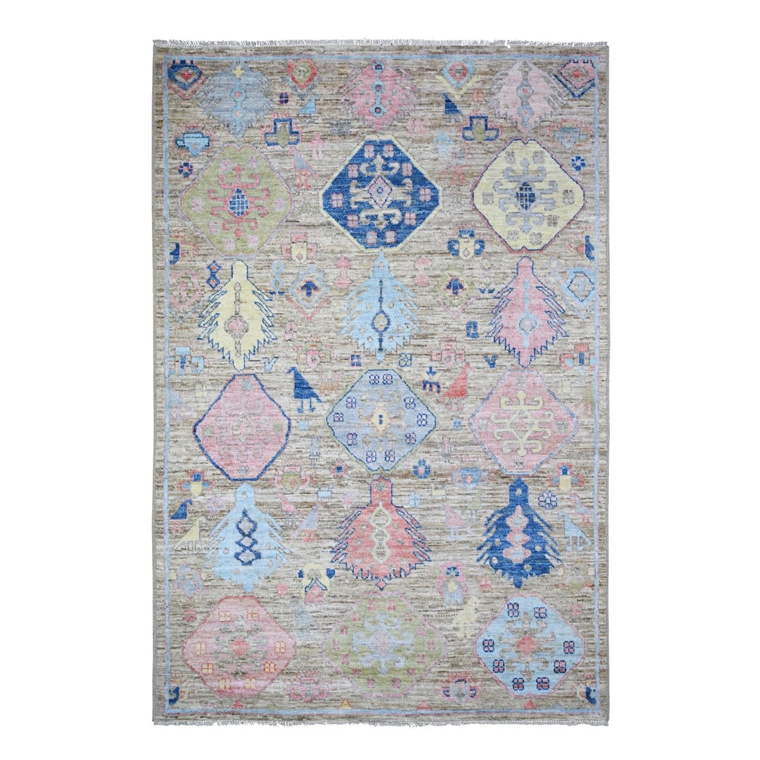 6'1"x9' Silver Gray Hand Knotted Anatolian Village Inspired Pure Wool Rug: 6'1"x9' Silver Gray Hand Knotted Anatolian Village Inspired Pure Wool Rug This stunning Anatolian Village Inspired Pure Wool Rug boasts a striking silver gray color and intricate design, measuring