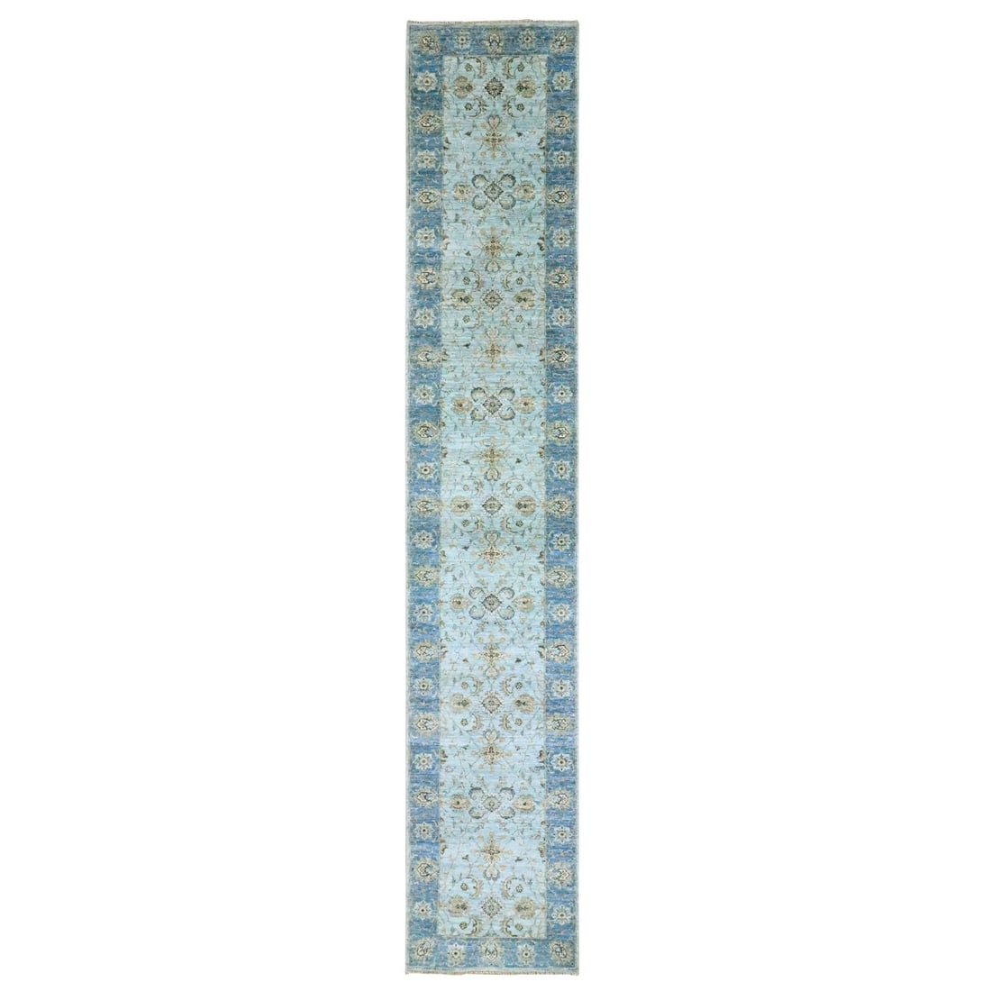 2'6"x14' Blue Shah Abbas Flower Design Pure Wool Hand Knotted Runner Rug: 2'6"x14' Blue Shah Abbas Flower Design Pure Wool Hand Knotted Runner Rug A stunning Agra-style blue shah abbas flower design pure wool hand knotted runner rug, measuring 2'6" x 14', boasts a rich