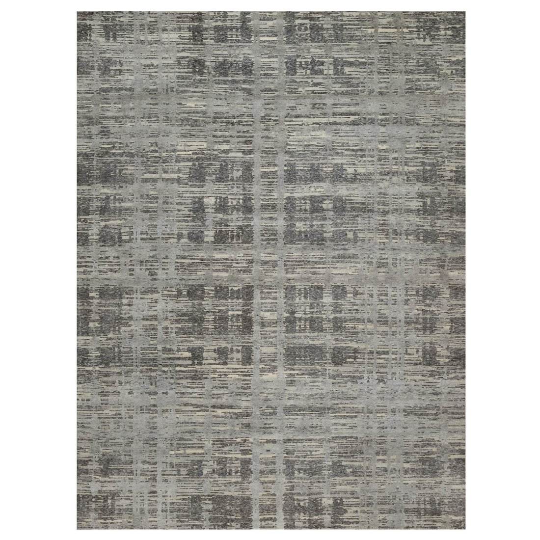 Gray hand knotted rug modern criss cross erased design pure wool: Gray hand knotted rug modern criss cross erased design pure wool Gray hand knotted rug with modern criss cross erased design in pure wool. This rectangular field rug features an intricate geometric
