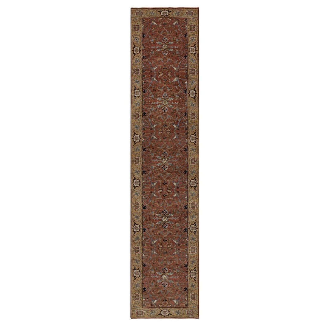 Hand knotted fine wool red antiqued heris re creation runner rug.: Hand knotted fine wool red antiqued heris re creation runner rug. Hand-knotted fine wool red Heris re-creation runner rug boasts an all-over regional design in rich, vibrant colors. Made from