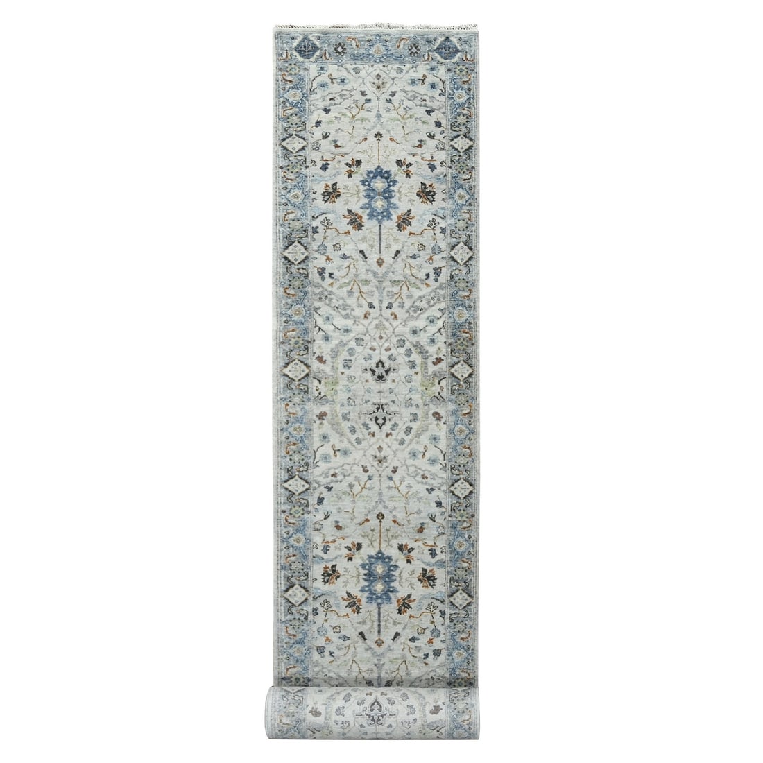 2'5"x18' Pearl Gray Hand Knotted Oushak Floral Motifs Wool XL Runner Rug: 2'5"x18' Pearl Gray Hand Knotted Oushak Floral Motifs Wool XL Runner Rug Oriental-style floral motifs adorn this stunning Pearl Gray Hand Knotted Oushak rug, crafted from high-quality wool and
