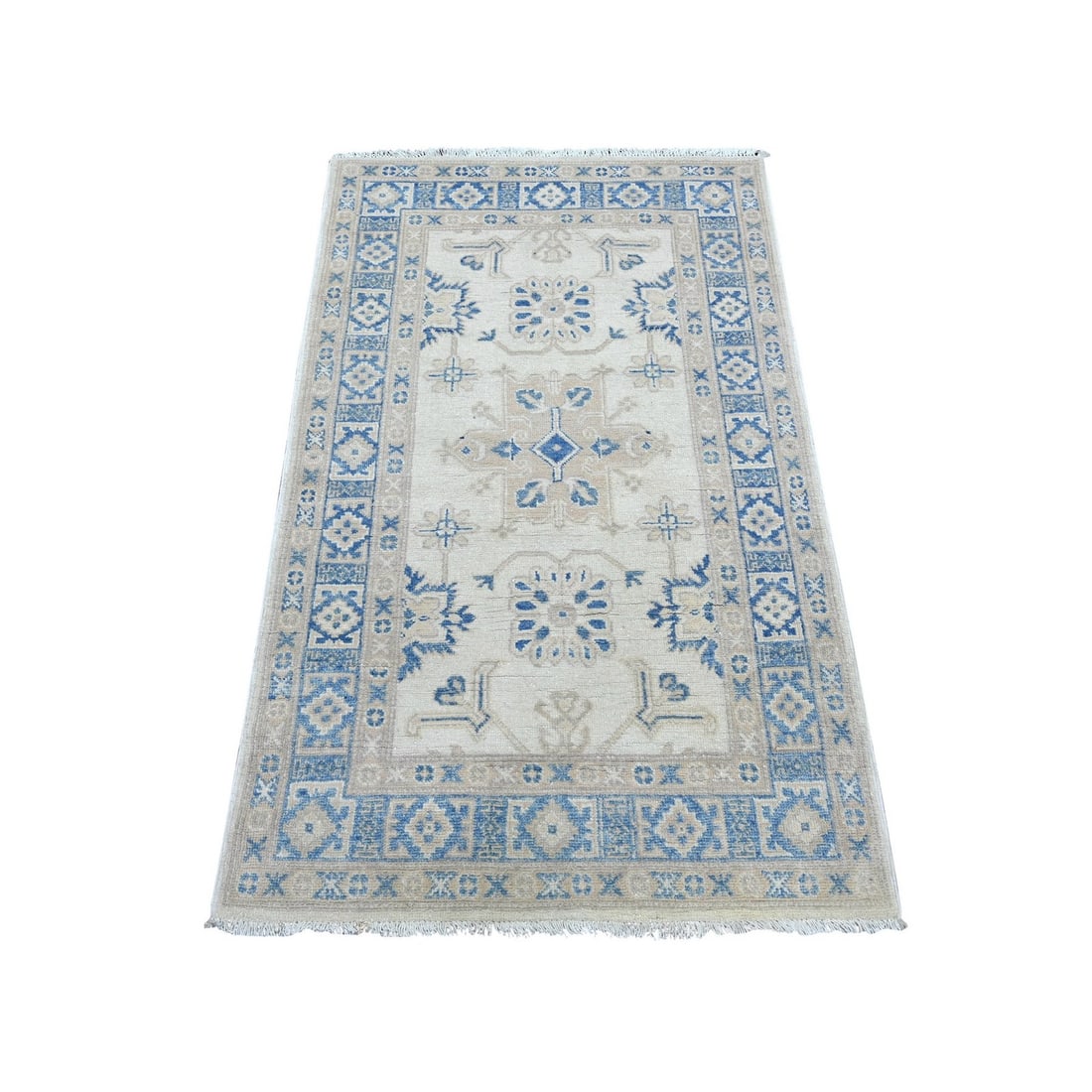 3'x4'10" Ivory Vintage Look Kazak All Over Design Hand Knotted Wool Rug: 3'x4'10" Ivory Vintage Look Kazak All Over Design Hand Knotted Wool Rug This stunning 3'x4'10" Kazak-style wool rug boasts an all-over design in rich, creamy ivory hues. Hand-knotted with exceptional