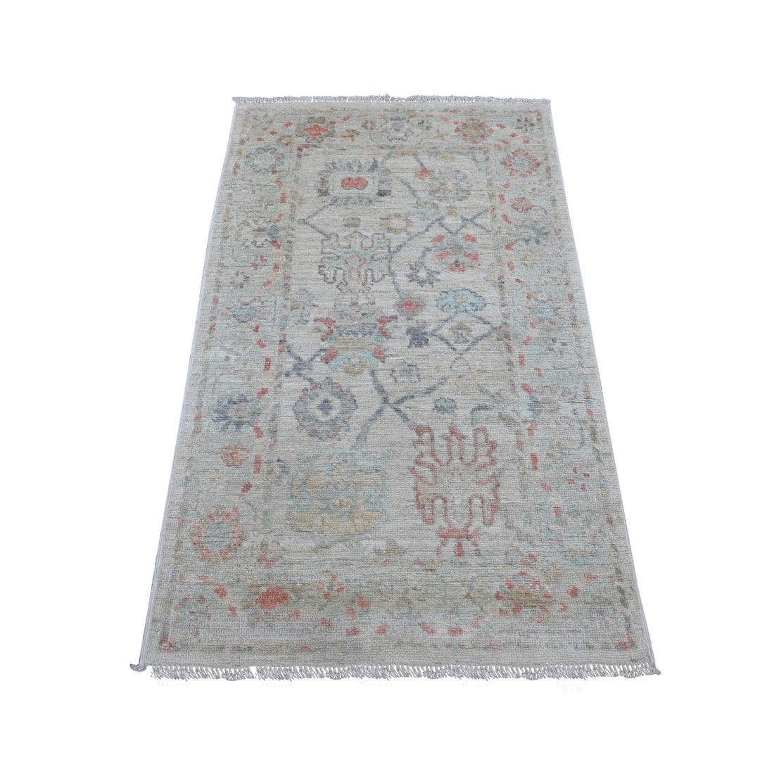 Light gray wool rug hand knotted angora afghan oushak design leaf.: Light gray wool rug hand knotted angora afghan oushak design leaf. Hand-knotted wool rug with an Oushak design, featuring a beautiful floral pattern in shades of grey and red. Made from natural materi