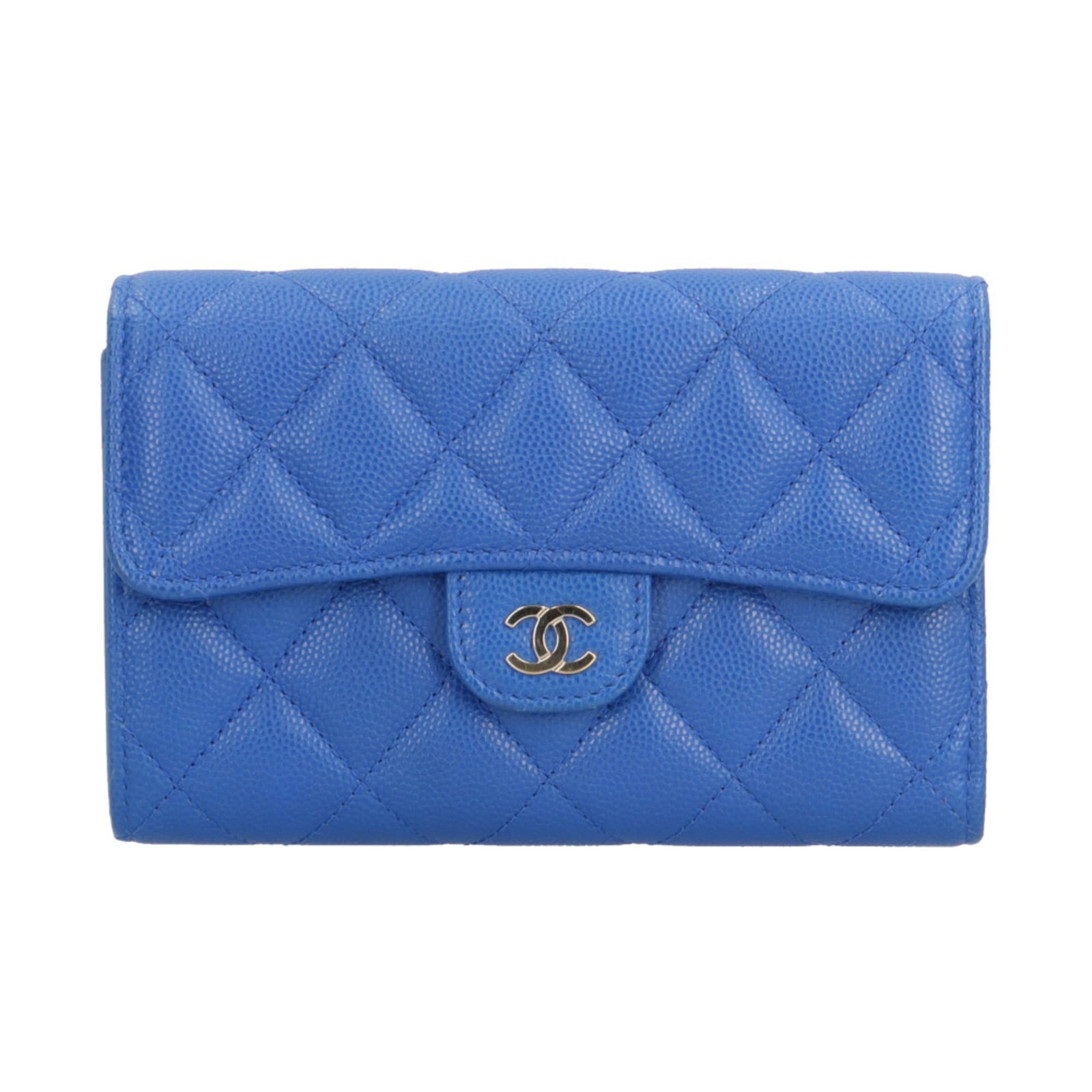 Chanel Wallet (Tri-Fold) Grained Calfskin: Chanel Wallet (Tri-Fold) Grained Calfskin Tri-fold wallet in blue grained calfskin, featuring snap fastener closure and multiple pockets for organization. This classic design from Chanel's Matelasse l