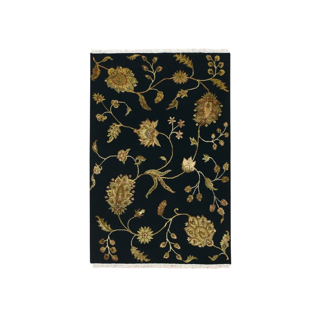 Rug Hand Knotted Silk Wool Midnight Black Botanical Design: Rug Hand Knotted Silk Wool Midnight Black Botanical Design Hand-knotted silk and wool rug in a striking midnight black botanical design, measuring 4'0" x 5'11". This rectangular field rug features an 