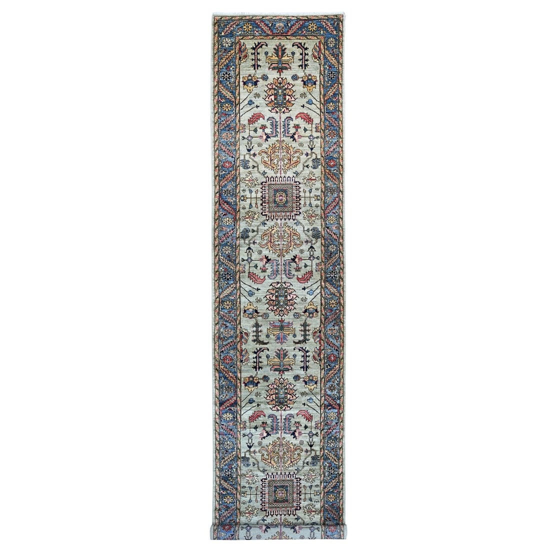 3'1"x15'9" Light Green Heris Design Hand Knotted Wool Runner Oriental Rug (1 of 6)
