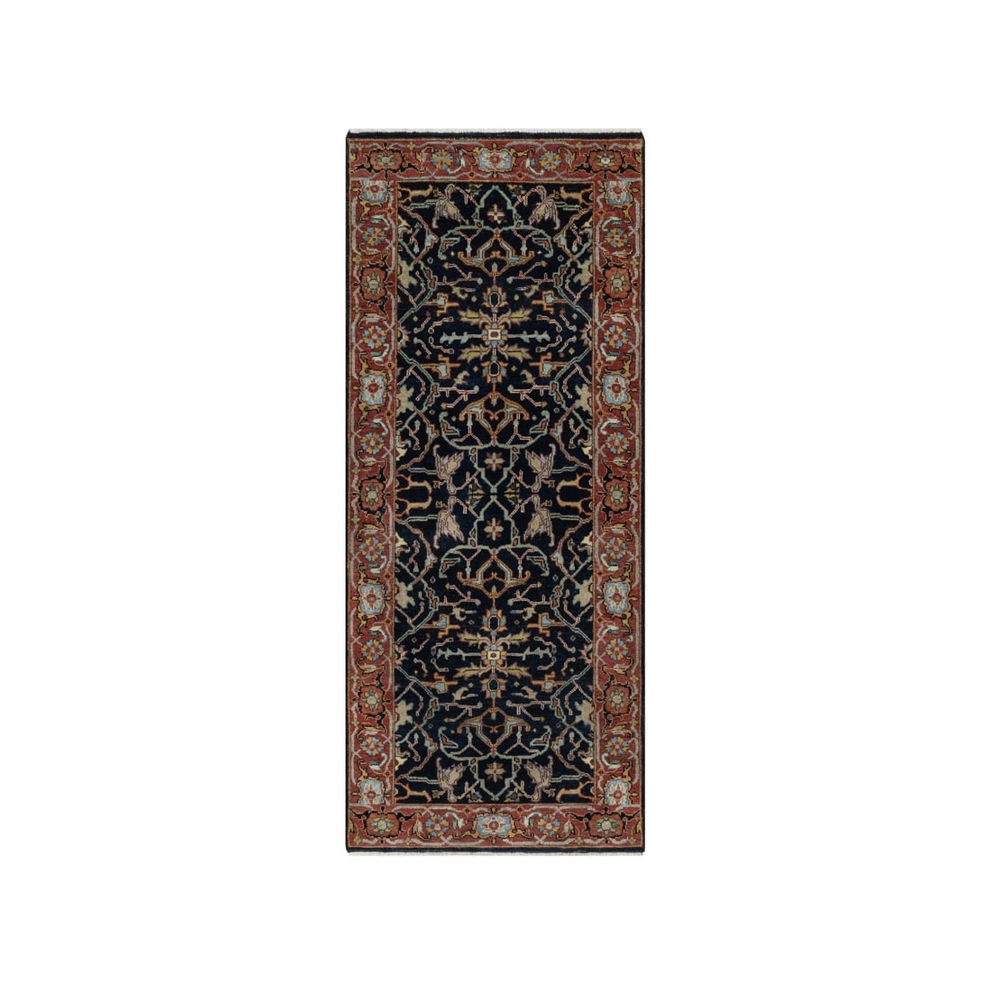 2'7"x6'2" Navy Antiqued Heris Hand Knotted New Zealand Wool Runner Rug: 2'7"x6'2" Navy Antiqued Heris Hand Knotted New Zealand Wool Runner Rug Navy blue wool runner rug with an all-over oriental design, measuring 2'7" x 6'2". Hand-knotted in New Zealand wool, this piece b