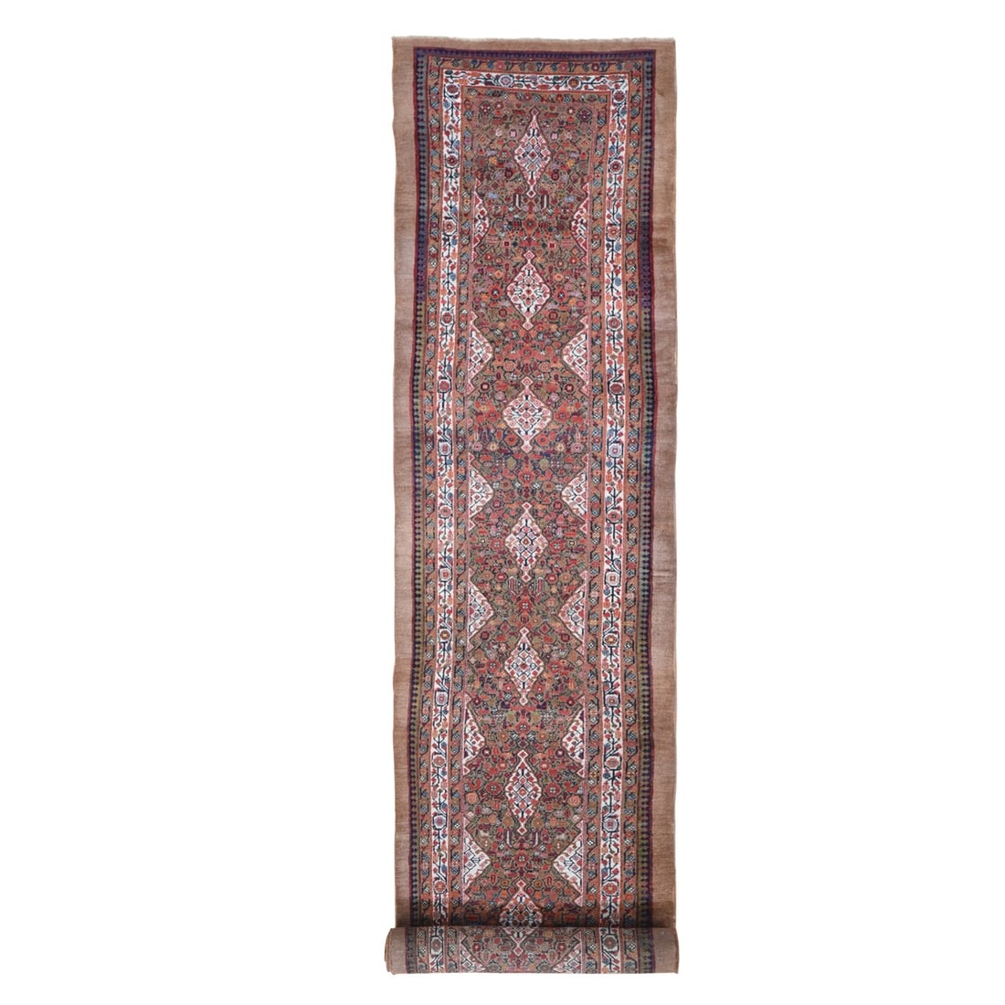 3'6"x17'4" Brown Old Farsian Serrib XL & Wide Runner Hand Knotted Rug: 3'6"x17'4" Brown Old Farsian Serrib XL & Wide Runner Hand Knotted Rug Brown Old Farsian Serrib XL & Wide Runner Hand Knotted Wool Rug, measuring 3'6" x 17'4", boasts a rich brown field color with intr