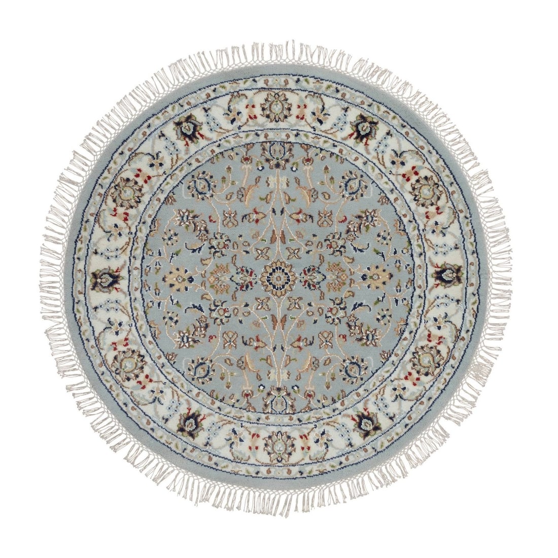 3'4"x3'4" Sky Blue Wool & Silk Hand Knotted Nain All Over Design Round Rug: 3'4"x3'4" Sky Blue Wool & Silk Hand Knotted Nain All Over Design Round Rug The Sky Blue Wool & Silk Hand Knotted Nain All Over Design Round Rug boasts an all-over design in a stunning sky blue hue, pe