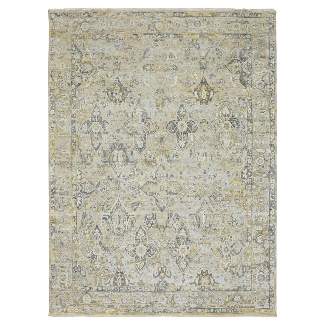 8'10"x12' Khaki Brown Flower All Over Design Wool & Silk Hand Knotted Rug: 8'10"x12' Khaki Brown Flower All Over Design Wool & Silk Hand Knotted Rug The 8'10"x12' Khaki Brown Flower All Over Design Wool & Silk Hand Knotted Rug boasts a stunning all-over floral pattern in ric