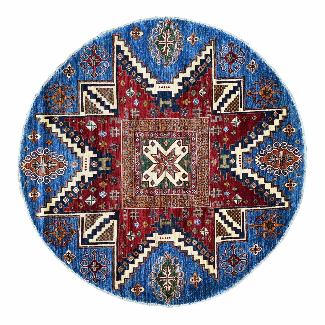 5'7"x5'7" Blue Afghan Super Kazak Wool Hand Knotted Round Oriental Rug: 5'7"x5'7" Blue Afghan Super Kazak Wool Hand Knotted Round Oriental Rug Hand-knotted in traditional Afghan wool, this stunning blue Kazak-style rug boasts intricate geometric patterns and a rich field