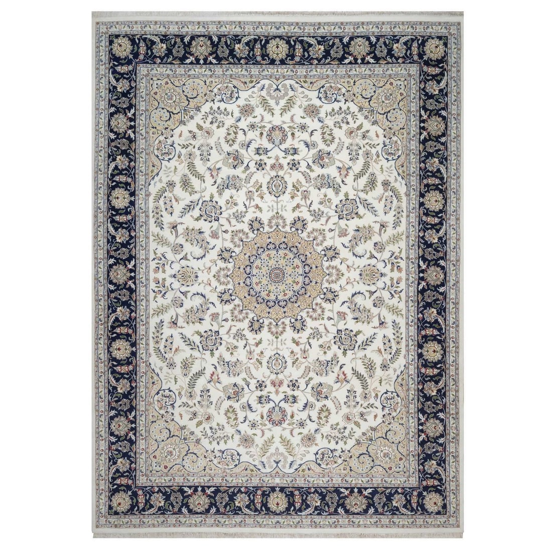 10'2"x14'1" Pearl White Wool Silk Nain Hand Knotted Soft Pile Oriental Rug: 10'2"x14'1" Pearl White Wool Silk Nain Hand Knotted Soft Pile Oriental Rug Soft and elegant, this stunning Pearl White Wool Silk Nain Hand Knotted Soft Pile Oriental Rug boasts intricate Medallion