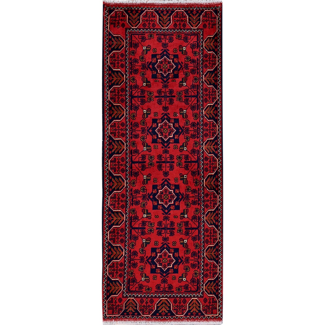 1'9"x4'8" Red Afghan Khamyab Geometric Pattern Wool Hand Knotted Runner Rug: 1'9"x4'8" Red Afghan Khamyab Geometric Pattern Wool Hand Knotted Runner Rug This stunning Red Afghan Khamyab Geometric Pattern Wool Hand Knotted Runner Rug boasts vibrant red hues and intricate geomet