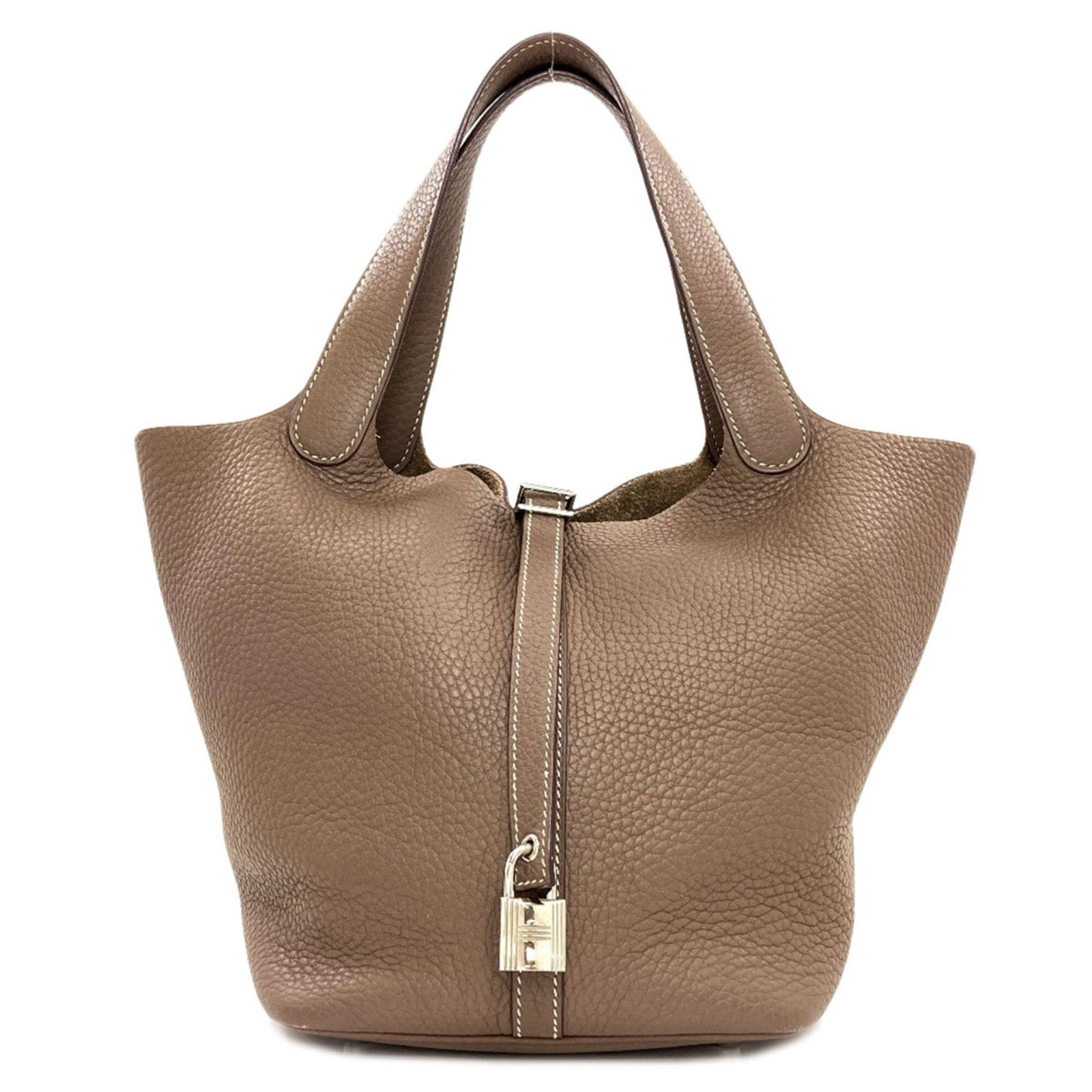 Handbag by Hermes: Handbag by Hermes Etoupe gray leather handbag from the iconic Hermes Picotin line, featuring a sleek and sophisticated design with a belt closure. Measuring 22cm x 17.5cm x 22cm, this stylish accessor