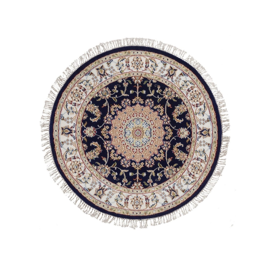 3'3"x3'3" Midnight Blue Nain Hand Knotted Wool and Silk 250 KPSI Round Rug: 3'3"x3'3" Midnight Blue Nain Hand Knotted Wool and Silk 250 KPSI Round Rug Midnight Blue Nain Hand Knotted Wool and Silk Rug. This stunning 3'3"x3'3" round rug boasts a rich, dark blue medallion