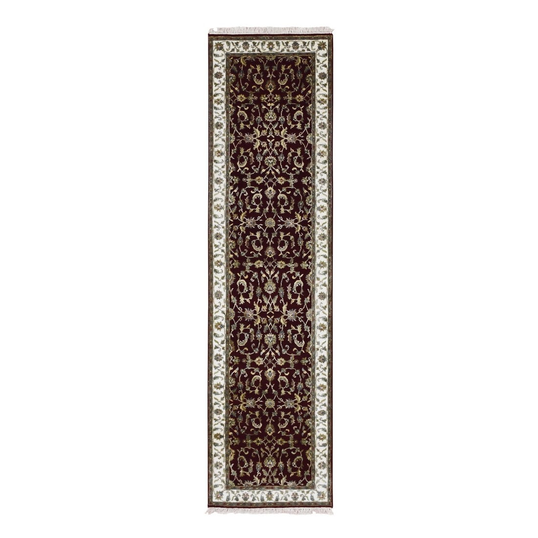 2'7"x10' Burgundy Red Wool and Silk Hand Knotted Rajasthan Runner Rug: 2'7"x10' Burgundy Red Wool and Silk Hand Knotted Rajasthan Runner Rug Burgundy red wool and silk hand knotted Rajasthan runner rug, measuring 2'7" x 10', boasts an intricate Oriental design with a ric